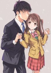 Rule 34 | 1boy, 1girl, black hair, blazer, blush, bow, bowtie, brown eyes, brown hair, business suit, cardigan, commentary request, cowboy shot, curly hair, formal, half updo, holding hands, idolmaster, idolmaster cinderella girls, jacket, long hair, looking at another, nanonin, necktie, one side up, pink bow, plaid, plaid skirt, pleated skirt, producer (idolmaster), producer (idolmaster cinderella girls anime), shimamura uzuki, simple background, skirt, smile, suit