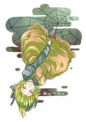 Rule 34 | 1girl, blonde hair, boots, bow, breasts, brown footwear, bubble, character name, clenched teeth, dress, grin, hair bow, hanging, kurodani yamame, looking at viewer, medium breasts, ototobe, short hair, silk, smile, solo, spider web, teeth, touhou, upside-down, white background, yellow eyes