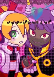 Rule 34 | 2girls, arrow through heart, black cape, blonde hair, blush, bob cut, call (mighty no. 9), candy, cape, chocolate, chocolate heart, commentary request, dark-skinned female, dark skin, dynatron (mighty no. 9), fingerless gloves, food, gloves, green eyes, grin, hair between eyes, happy valentine, headphones, headset, heart, highres, holding, holding chocolate, holding food, horns, jacket, long hair, looking at viewer, mighty no. 9, multicolored clothes, multicolored jacket, multiple girls, pink background, ponytail, purple hair, red eyes, red jacket, robot, robot girl, sharp teeth, short hair, simple background, smile, sword, takenokonoko, teeth, translated, two-tone cape, two-tone jacket, valentine, very dark skin, weapon, white jacket, yellow cape, yellow horns