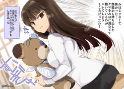 Rule 34 | 10s, 1girl, bandages, blunt bangs, boko (girls und panzer), brown eyes, brown hair, closed mouth, dutch angle, from behind, girls und panzer, holding, holding stuffed toy, light frown, long hair, long sleeves, looking at viewer, looking back, nishizumi shiho, r-king, shirt, stuffed animal, stuffed toy, sweatdrop, teddy bear, twitter username, white shirt