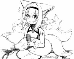 Rule 34 | 1girl, :d, animal ears, arknights, blush, braid, commentary request, dress, fox ears, fox girl, fox tail, greyscale, hairband, holding, holding brush, infection monitor (arknights), kitsune, kyuubi, material growth, monochrome, multiple tails, notice lines, open mouth, oripathy lesion (arknights), short hair, sidelocks, sitting, sketch, sleeveless, sleeveless dress, smile, solo, suzuran (arknights), tail, tail brushing, twitter username, yom (ymayma00ss)