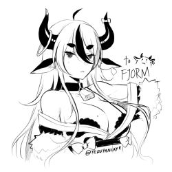 Rule 34 | 1girl, :&lt;, animal ears, bare shoulders, bell, bow, bra, breasts, cleavage, closed mouth, commentary, cow ears, cow girl, cow horns, cow tail, cowbell, ear tag, english commentary, greyscale, hair between eyes, highres, horn bow, horn ornament, horn ring, horns, japanese clothes, kimono, large breasts, looking at viewer, mole, mole on breast, monochrome, multicolored hair, neck bell, off shoulder, original, simple background, solo, streaked hair, tail, terupancake, thick eyebrows, twitter username, underwear, white background