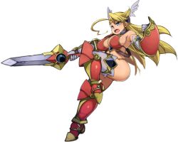 Rule 34 | 1girl, armor, ass, bikini armor, blonde hair, blue eyes, breasts, kawacchi hirohiro, large breasts, navel, shield, sideboob, solo, sword, thick thighs, thighhighs, thighs, weapon