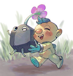 Rule 34 | 1boy, alien, alph (pikmin), arm up, asaikaina, backpack, bag, big nose, black eyes, black skin, blue bag, blue gloves, blue hair, blush stickers, closed eyes, colored skin, commentary request, creature, dirt, flower, freckles, gloves, grass, holding, holding creature, light blush, looking at viewer, nintendo, no headwear, no mouth, one eye closed, open mouth, pikmin (creature), pikmin (series), purple flower, rock, rock pikmin, shadow, short hair, smile, spacesuit, teeth, upper teeth only, very short hair, walking, white background