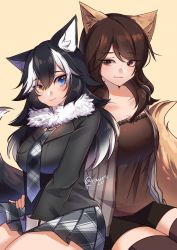 Rule 34 | 2girls, absurdres, animal ears, black hair, blue eyes, breasts, brown eyes, brown hair, character request, commission, dog ears, dog girl, dog tail, grey wolf (kemono friends), hair between eyes, hand on another&#039;s hip, heterochromia, highres, kemono friends, large breasts, looking at another, looking to the side, multicolored hair, multiple girls, necktie, rayrie, simple background, sitting, skirt, smile, tail, thighhighs, thighs, white hair, wolf ears, wolf girl, wolf tail, yellow eyes
