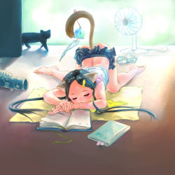 Rule 34 | 1girl, animal, animal ears, artist request, barefoot, black hair, book, cat, cat ears, cat tail, clothes on floor, electric fan, feet, hair ornament, hairclip, hinoki (studio spiral dust), long hair, miniskirt, no panties, original, saliva, skirt, sleeping, solo, tail, top-down bottom-up, wind chime