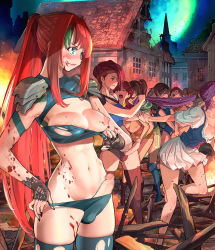 Rule 34 | 6+girls, abs, armor, bikini, black nails, blood, blood splatter, blue bikini, blue thighhighs, breasts, brown gloves, brown hair, censored, closed mouth, erection, fingerless gloves, fingernails, futa with female, futanari, gloves, grabbing another&#039;s hair, green eyes, highres, licking lips, long hair, medium breasts, mosaic censoring, multicolored hair, multiple girls, nail polish, navel, night, nipples, original, outdoors, pauldrons, penis, ponytail, purple hair, rape, red hair, sex, shiratama (monster1553), shoulder armor, smile, standing, streaked hair, swimsuit, thighhighs, tongue, tongue out, torn clothes, torn legwear, very long hair