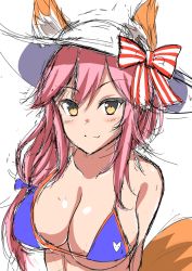 Rule 34 | 10s, 1girl, animal ears, arms behind back, bare shoulders, bikini, blue bikini, blue bow, blush, bow, breasts, brown eyes, cleavage, collarbone, commentary request, ears through headwear, fate/extra, fate/extra ccc, fate (series), fox ears, fox tail, hair bow, hat, hat bow, large breasts, long hair, low-tied long hair, pink hair, simple background, sketch, solo, striped, striped bow, sun hat, swimsuit, tail, tamamo (fate), tamamo no mae (fate/extra), tamamo no mae (swimsuit lancer) (fate), tamamo no mae (swimsuit lancer) (third ascension) (fate), tsurime, upper body, white background, white hat, wonawo