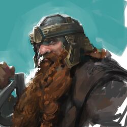Rule 34 | 1boy, axe, beard, brown hair, dwarf, facial hair, from side, gimli, green background, helmet, holding, holding axe, kanji (nievart), looking at viewer, male focus, solo, the lord of the rings, tolkien&#039;s legendarium, tolkien's legendarium, white background