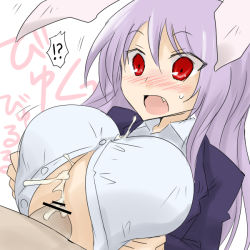 Rule 34 | animal ears, blazer, blush, breasts, rabbit ears, cum, cum on clothes, huge breasts, jacket, light purple hair, long hair, nose blush, open mouth, oro (zetsubou girl), paizuri, paizuri under clothes, penis under another&#039;s clothes, red eyes, reisen udongein inaba, shirt, surprised, touhou, white background