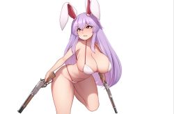 Rule 34 | 1girl, animal ears, bare arms, bare shoulders, bikini, blush, breasts, clenched teeth, commentary request, cowboy shot, dual wielding, groin, gun, hair between eyes, halterneck, head tilt, highleg, highleg bikini, highres, holding, holding gun, holding weapon, large breasts, lever action, long hair, mochi (chain csn), navel, purple hair, rabbit ears, red eyes, reisen udongein inaba, sidelocks, simple background, solo, standing, standing on one leg, stomach, swimsuit, teeth, thighs, touhou, very long hair, weapon, white background, white bikini
