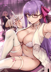 Rule 34 | 2girls, absurdres, ahoge, bb (fate), bespectacled, black dress, blue coat, bra, breasts, chain, chained, choker, cleavage, coat, collarbone, dress, fate/extra, fate/grand order, fate (series), fur-trimmed coat, fur-trimmed jacket, fur trim, glasses, hair ribbon, haoni, highres, jacket, jeanne d&#039;arc alter (fate), jeanne d&#039;arc alter (ver. shinjuku 1999) (fate), large breasts, lingerie, long hair, multiple girls, navel, needle, non-web source, nurse, official alternate costume, one eye closed, open clothes, open coat, panties, purple eyes, purple hair, red ribbon, ribbon, short dress, sitting, smile, thighhighs, underwear, very long hair, white bra, white panties, yellow eyes