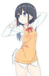 Rule 34 | 1girl, arm behind head, arm up, black hair, blue eyes, blush, chinese commentary, collared shirt, commentary request, cowboy shot, eyebrows hidden by hair, hair between eyes, hand up, hatsunatsu, long hair, long sleeves, looking away, looking to the side, no pants, original, parted lips, shirt, simple background, solo, sweater vest, twitter username, white background, white shirt