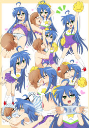 Rule 34 | 1boy, 1girl, ahoge, arm up, armpits, arms behind head, arms up, blue hair, blush, brown hair, cheerleader, cunnilingus, french kiss, glasses, green eyes, highres, ivancyxic, izumi konata, kiss, licking, licking armpit, long hair, lucky star, mole, mole under eye, object on head, oral, panties, panties on head, panty pull, pantyshot, pom pom (cheerleading), short hair, skirt, smile, stained panties, striped clothes, striped panties, underwear
