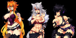 Rule 34 | 3girls, animal ears, breasts, catheline (deathblight), choker, covering privates, covering breasts, crescentia fortuna, deathblight, deathblight rpg, defeat, embarrassed, ferania (deathblight), large breasts, looking at viewer, minori (deathblight), multiple girls, muscular, muscular female, nipples, tagme, tail, torn clothes