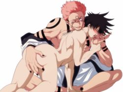 Rule 34 | 2boys, :q, all fours, anilingus, arm tattoo, ass, ass grab, black hair, black nails, blush, clothed male nude male, extra eyes, facial tattoo, fushiguro megumi, hand mouth, highres, implied anilingus, japanese clothes, jujutsu kaisen, kimono, kiss, looking at another, male focus, multiple boys, muscular, muscular male, nail polish, nala1588, nude, pink hair, ryoumen sukuna (jujutsu kaisen), saliva, short hair, shoulder tattoo, sitting, size difference, spiked hair, tattoo, thighs, toenails, tongue, tongue out, white background, white kimono, yaoi