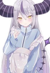 Rule 34 | 1girl, alternate costume, apron, blue jacket, blush, braid, braided bangs, closed mouth, frilled apron, frills, grey hair, hair between eyes, hand up, hololive, horns, jacket, jersey maid, la+ darknesss, long hair, long sleeves, looking at viewer, maid, multicolored hair, pointy ears, purple hair, simple background, slit pupils, solo, streaked hair, tail, unconventional maid, very long hair, virtual youtuber, waist apron, white apron, white background, yellow eyes, yomogi mogu