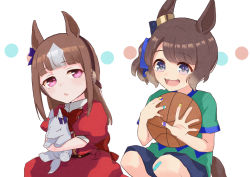 Rule 34 | 2girls, absurdres, adapted costume, animal ears, bandaid, bandaid on hand, bandaid on knee, bandaid on leg, blue eyes, blunt bangs, bow, bowtie, brown hair, commentary, dress, ear bow, ear ornament, gold ship (racehorse), gold ship (umamusume), green shirt, headgear, highres, horse, horse ears, horse girl, izu lemon, multicolored hair, multiple girls, pillbox hat, pink eyes, puffy short sleeves, puffy sleeves, purple bow, red bow, red bowtie, red dress, shirt, short sleeves, side ponytail, simple background, stuffed animal, stuffed horse, stuffed toy, t-shirt, tail, tosen jordan (umamusume), two-tone hair, umamusume, white background, white hair