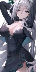 Rule 34 | 1girl, absurdres, arms up, black choker, black dress, black jacket, blue archive, blue eyes, breasts, choker, cleavage, cowboy shot, cropped jacket, dress, grey hair, hair between eyes, halo, highres, jacket, large breasts, long hair, long sleeves, looking at viewer, open clothes, open jacket, parted lips, shiroko (blue archive), shiroko terror (blue archive), solo, strapless, strapless dress, ueng, very long hair