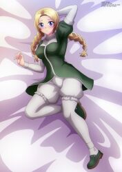 Rule 34 | 1girl, absurdres, arm behind head, arm up, bed, blonde hair, blue eyes, blush, braid, breasts, covered erect nipples, fatal fury, green footwear, green jacket, highres, jacket, large breasts, lilly kane, long hair, long sleeves, looking at viewer, lying, on bed, pantyhose, puffy sleeves, shirt, shoes, short sleeves, shorts, smile, snk, the king of fighters, twintails, white pantyhose, white shirt, white shorts, zel-sama