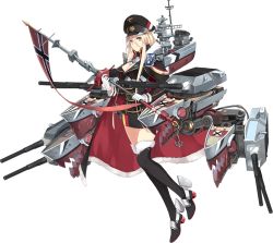 Rule 34 | 1girl, artist request, azur lane, banner, bismarck (azur lane), black thighhighs, blonde hair, blue eyes, breasts, cannon, cape, cleavage, emblem, full body, hair between eyes, hat, kriegsmarine, long hair, looking at viewer, machinery, military, military hat, military uniform, official art, peaked cap, solo, staff, thighhighs, transparent background, uniform