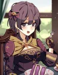1girl, artist name, bangs, bernadetta von varley, bow, breasts, cake, chair, cleavage, commentary, curtains, dress, earrings, eine (eine dx), eyebrows visible through hair, fire emblem, fire emblem: three houses, food, fork, gloves, grey eyes, hair between eyes, hair bow, hand up, holding, holding fork, indoors, jewelry, long sleeves, looking at viewer, medium breasts, nintendo, open mouth, plate, purple dress, purple hair, short hair, solo, table, twitter username, window