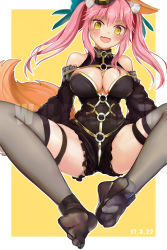 Rule 34 | 10s, 1girl, :d, animal ears, anklet, black thighhighs, blush, breasts, cleavage, cleavage cutout, clothing cutout, dated, fate/extra, fate/extra ccc, fate (series), feet, foot focus, fox ears, fox tail, full body, gold trim, hair ornament, highres, jewelry, large breasts, long hair, looking at viewer, no shoes, official alternate costume, open mouth, pink hair, see-through, see-through legwear, sitting, smile, soles, solo, spread legs, tail, tamamo (fate), tamamo no mae (fate/extra), tamamo no mae (sable mage) (fate), thigh strap, thighhighs, toes, twintails, wumumu, yellow eyes