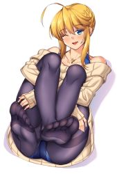 Rule 34 | 1girl, ahoge, aqua eyes, artoria pendragon (fate), artoria pendragon (lancer) (fate), bare shoulders, black pantyhose, blue panties, blush, braid, braided ponytail, breasts, collarbone, commentary request, contemporary, fate/grand order, fate (series), full body, hair between eyes, head tilt, highres, hugging own legs, large breasts, looking at viewer, off-shoulder, off-shoulder sweater, off shoulder, one eye closed, panties, panties under pantyhose, pantyhose, pantyshot, ribbed sweater, shirokuma a, sidelocks, simple background, sitting, sleeves past wrists, soles, solo, sweater, swept bangs, toes, underwear, white background
