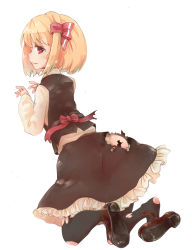Rule 34 | 1girl, black pantyhose, blonde hair, burnt clothes, from behind, full body, hair ribbon, highres, kneeling, long sleeves, looking back, mary janes, murani, pantyhose, profile, red eyes, ribbon, rumia, shirt, shoe dangle, shoes, short hair, simple background, skirt, skirt set, solo, tears, torn clothes, torn pantyhose, torn skirt, touhou, vest, white background