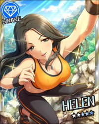 Rule 34 | 10s, 1girl, bare shoulders, breasts, brown eyes, brown hair, cleavage, forest, helen (idolmaster), idolmaster, idolmaster cinderella girls, jewelry, large breasts, long hair, matching hair/eyes, nature, navel, necklace, official art, rock climbing, solo, sports bra, sweat, wristband