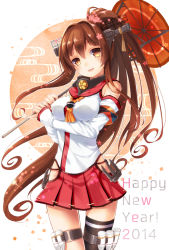 Rule 34 | 10s, 1girl, antennae, bad id, bad pixiv id, bare shoulders, black thighhighs, breasts, brown eyes, brown hair, detached sleeves, flower, hair flower, hair ornament, happy new year, holster, kantai collection, large breasts, long hair, looking at viewer, new year, nunucco, oil-paper umbrella, open mouth, personification, ponytail, shirt, single thighhigh, skirt, smile, solo, thigh holster, thighhighs, umbrella, very long hair, yamato (kancolle), zettai ryouiki