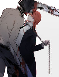 Rule 34 | 1boy, 1girl, arm mounted weapon, bdsm, belt, black coat, black necktie, black pants, blood, blood on clothes, bloody weapon, braid, braided ponytail, breasts, chain, chainsaw, chainsaw man, coat, collar, collared shirt, cowboy shot, denji (chainsaw man), face-to-face, formal, from side, highres, holding, holding chain, leaning back, leaning forward, leaning on person, long hair, long sleeves, looking at another, makima (chainsaw man), necktie, orange hair, pants, parted lips, pulling, sharp teeth, shirt, simple background, sleepless (wrysmile), smile, spiked collar, spikes, standing, suit, teeth, topless male, torn clothes, torn pants, weapon, white background, white shirt, yellow eyes