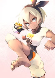 Rule 34 | 1girl, amazarash1, barefoot, bea (pokemon), black bodysuit, black hairband, blue eyes, bodysuit, bodysuit under clothes, clenched hand, closed mouth, collared shirt, commentary request, creatures (company), dark-skinned female, dark skin, feet, game freak, gloves, grey hair, gym leader, hair between eyes, hairband, highres, holding, holding poke ball, knee pads, leg up, light frown, nintendo, poke ball, pokemon, pokemon swsh, print shirt, print shorts, shirt, short hair, short sleeves, shorts, single glove, soles, solo, tied shirt, toes, ultra ball, v-shaped eyebrows
