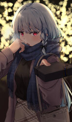 Rule 34 | 1girl, absurdres, adjusting scarf, bag, black bow, black sweater, blue scarf, blurry, blurry background, bow, braid, breasts, breath, brown bag, brown coat, brown skirt, christmas, christmas lights, coat, enpera, gift, grey hair, hair bow, handbag, highres, holding, holding gift, incoming gift, long hair, looking at viewer, medium breasts, night, open clothes, open coat, open mouth, original, outdoors, plaid, plaid scarf, red eyes, scarf, single braid, skirt, solo, sweater, upper body, yu sa1126