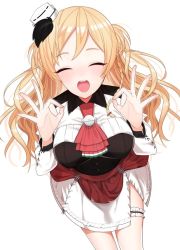 Rule 34 | 1girl, blonde hair, braid, breasts, corset, closed eyes, french braid, hat, kantai collection, kinsenka momi, large breasts, layered skirt, leaning forward, long hair, mini hat, miniskirt, open mouth, shirt, simple background, skirt, smile, solo, wavy hair, white background, white shirt, zara (kancolle), zara due (kancolle)