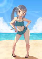 Rule 34 | 1girl, absurdres, beach, bikini, bikini skirt, blue sky, bonpiibon, brown eyes, cloud, commentary request, contrapposto, day, frilled bikini, frills, full body, green bikini, grey hair, hands on own hips, highres, horizon, kantai collection, kasumi (kancolle), long hair, looking at viewer, ocean, official alternate costume, outdoors, side ponytail, sky, solo, standing, swimsuit
