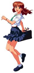 Rule 34 | 1girl, asuka (viper), blue footwear, blue skirt, bracelet, briefcase, floating hair, full body, highres, holding, holding briefcase, jewelry, katsura ken&#039;ichirou, loafers, long hair, midriff peek, miniskirt, neckerchief, non-web source, official art, open mouth, photoshop (medium), pleated skirt, red eyes, red hair, school briefcase, school uniform, shirt, shoes, short sleeves, simple background, skirt, solo, viper, viper ctr, viper v10, white background, white shirt