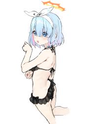 Rule 34 | 1girl, absurdres, arona (blue archive), bikini, bikini skirt, black bikini, blue archive, blue eyes, blue hair, blush, bow hairband, colored inner hair, frilled bikini, frills, from side, hairband, halo, highres, leg up, looking at viewer, looking to the side, medium hair, multicolored hair, open mouth, sidelocks, simple background, solo, standing, standing on one leg, sweatdrop, swimsuit, syhan, white background
