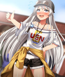 Rule 34 | 1girl, absurdres, azur lane, black hat, black shorts, blurry, blurry background, blush, bra strap, cabbie hat, clothes around waist, commentary request, cowboy shot, cutoffs, day, denim, denim shorts, depth of field, enterprise (anniversary ride) (azur lane), enterprise (azur lane), eyewear on headwear, flying sweatdrops, grey eyes, grey hair, hand on own hip, hat, highres, jacket, jacket around waist, jewelry, long hair, necklace, off-shoulder shirt, off shoulder, official alternate costume, open fly, open mouth, outdoors, panties, partial commentary, print shirt, shirt, short sleeves, shorts, smile, solo, sports panties, standing, sunglasses, sweatdrop, t-shirt, thumbs up, underwear, very long hair, white panties, white shirt, yellow jacket, zanntetu