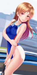 Rule 34 | 10s, 1girl, blue one-piece swimsuit, breasts, brown eyes, brown hair, competition swimsuit, dutch angle, covered erect nipples, goggles, highleg, highleg swimsuit, highres, holding, holding goggles, idolmaster, idolmaster cinderella girls, long hair, looking at viewer, medium breasts, nitta minami, one-piece swimsuit, sideboob, smile, solo, swimsuit, taka (takahirokun)