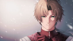 Rule 34 | 1boy, blonde hair, closed mouth, commentary, expressionless, gloves, green eyes, highres, junu (jwoo5627), looking at viewer, low ponytail, male focus, mole, mole under eye, mushoku tensei, portrait, red gloves, rudeus greyrat, sidelighting, snowing, solo