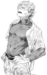 Rule 34 | 1boy, absurdres, ace of diamond, baseball jersey, belt, closed eyes, covered abs, covered erect nipples, covered navel, dirty, dirty clothes, dirty face, greyscale, hands on own hips, highres, jersey, male focus, miyuki kazuya, monochrome, open clothes, open mouth, pants, polypumb fr, shirt, short hair, sideburns, solo, sweat, taut clothes, taut shirt, toned, toned male, visor