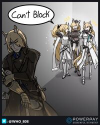 Rule 34 | 1boy, 3girls, animal ear fluff, animal ears, arknights, armor, armored gloves, black coat, blemishine (arknights), blonde hair, breastplate, cape, coat, extra ears, gameplay mechanics, garrison cap, gauntlets, hair over one eye, hat, highres, horse boy, horse ears, horse girl, horse tail, laughing, leaning to the side, mlynar (arknights), multiple girls, nearl (arknights), nearl the radiant knight (arknights), newspaper, plate armor, pointing, ponytail, short hair, single gauntlet, tail, twitter username, whislash (arknights), white cape, who 808