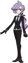 Rule 34 | 1girl, anabel (pokemon), black footwear, black gloves, black jacket, black necktie, black pants, black ribbon, buttons, clenched hand, closed mouth, collared shirt, creatures (company), earpiece, eyelashes, full body, game freak, gloves, hair ribbon, highres, jacket, long hair, long sleeves, looking at viewer, necktie, nintendo, official art, pants, pokemon, pokemon sm, ponytail, purple eyes, purple hair, ribbon, shirt, shoes, solo, standing, transparent background, white shirt