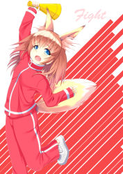 Rule 34 | 1girl, absurdres, animal ears, bad id, bad pixiv id, blue eyes, brown hair, copyright request, fang, fox ears, fox tail, girlfriend (kari), highres, holding, kasappi, long hair, looking at viewer, megaphone, open mouth, shoes, solo, tail, track suit