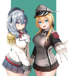 Rule 34 | 2girls, anchor hair ornament, beret, black hat, black ribbon, black skirt, blonde hair, blue eyes, breasts, buttons, cross, epaulettes, frilled sleeves, frills, gloves, green background, hair ornament, hat, highres, iron cross, jacket, kantai collection, kashima (kancolle), kerchief, large breasts, long sleeves, low twintails, microskirt, military, military hat, military jacket, military uniform, miniskirt, multiple girls, neckerchief, oekakizuki, open mouth, peaked cap, pleated skirt, prinz eugen (kancolle), red neckerchief, ribbon, silver hair, skirt, smile, twintails, uniform, wavy hair, white gloves, white jacket