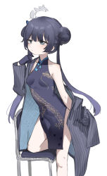 Rule 34 | 1girl, bare legs, bare shoulders, blue archive, breasts, china dress, chinese clothes, commentary request, double bun, dragon print, dress, hair bun, halo, highres, jacket, jacket partially removed, kisaki (blue archive), korean commentary, long hair, mandarin collar, polyvora, simple background, sleeveless, sleeveless dress, small breasts, solo, white background