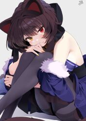 Rule 34 | 1girl, animal ears, black pantyhose, brown hair, closed mouth, detached sleeves, dog ears, dog girl, dog tail, dress, fang, fang out, feet out of frame, grey background, hand on own knee, heterochromia, highres, inui toko, knees up, looking at viewer, nejime, nijisanji, pantyhose, purple dress, red eyes, red nails, sitting, smile, solo, strapless, strapless dress, tail, virtual youtuber, yellow eyes, yellow nails