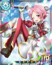 Rule 34 | 10s, 1girl, armor, blush, boots, card (medium), gloves, hair ornament, hairclip, holding, holding weapon, lisbeth (sao), lisbeth (sao-alo), looking at viewer, one eye closed, open mouth, pauldrons, pink hair, pointy ears, red eyes, ribbon, short hair, shoulder armor, solo, sparkle, star (symbol), sword art online, weapon, white gloves, wink