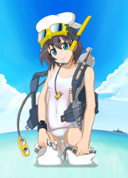Rule 34 | 1girl, absurdres, black hair, blue eyes, day, diving mask, diving mask on head, dryman, female focus, goggles, goggles on head, hat, highres, murasa minamitsu, one-piece swimsuit, pants, school swimsuit, scuba, ship, short hair, snorkel, solo, swimsuit, swimsuit under clothes, touhou, watercraft, white school swimsuit, white one-piece swimsuit